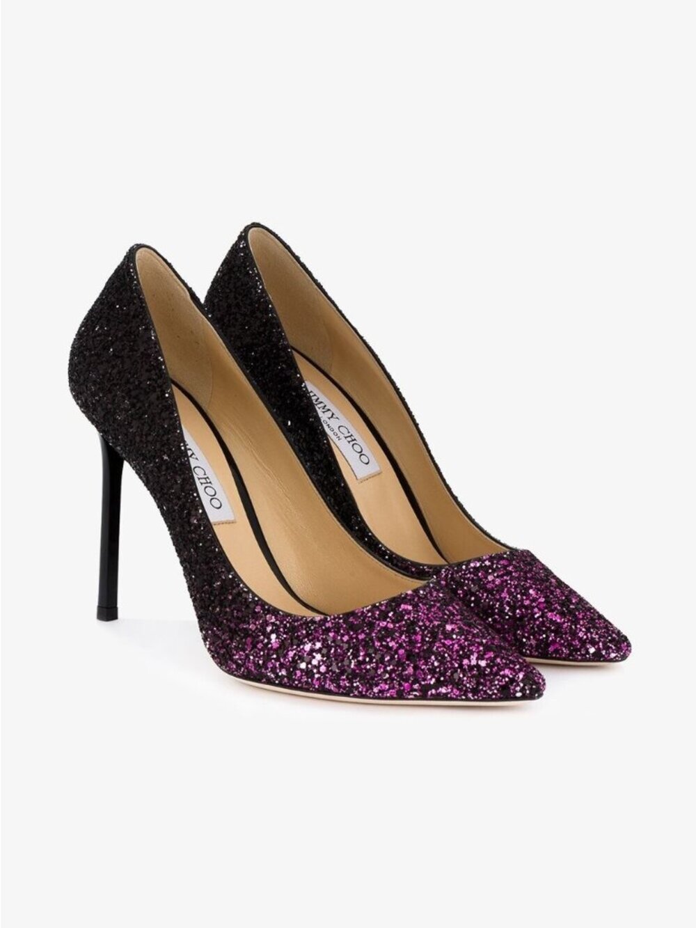 Jimmy Choo ROMY 100 Pointy Toe Pump Heel Shoes Pink Black Glitter 38 EU